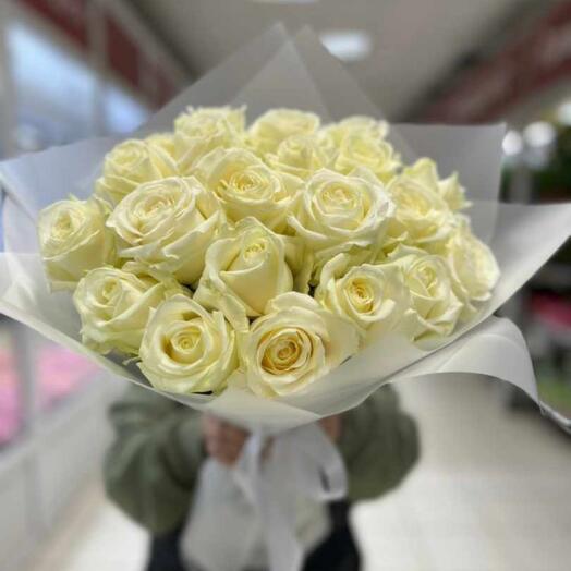 21 white roses in a white matte package