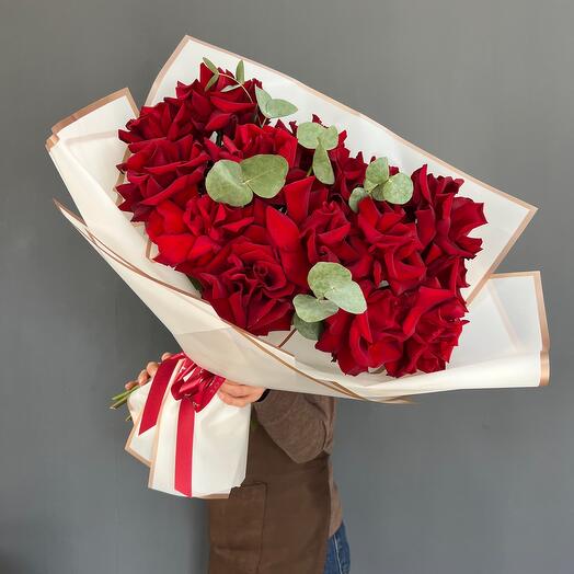 15 Red French Roses with Eucalyptus