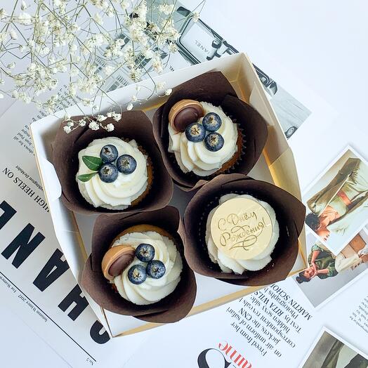 4 chocolate cupcakes/muffins/ cupcakes with blueberries Happy birthday 4 pcs. to a colleague, friend, girlfriend, sister, mother, brother