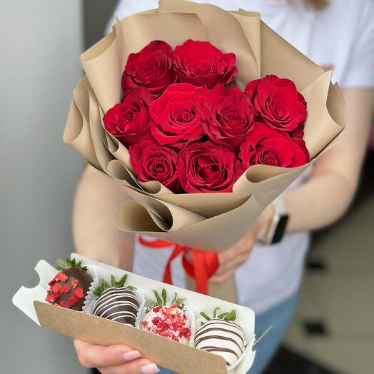 Букет красных роз + 🎁 Клубника в шоколаде️