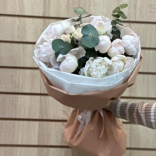 White peonies with eucalyptus