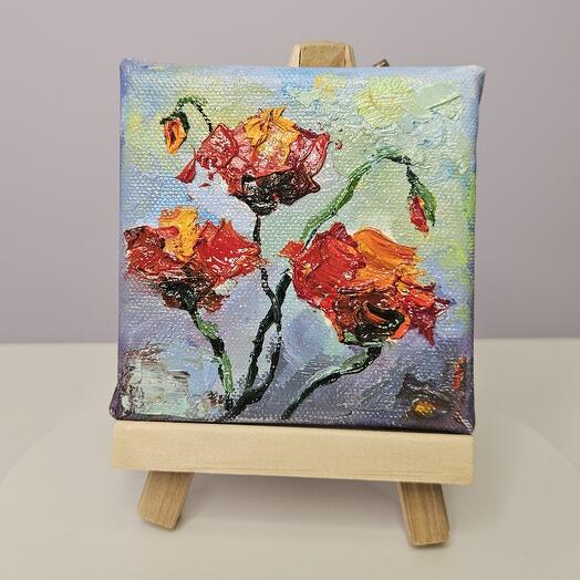 Картина маслом на холсте "Маки" 10×10 см