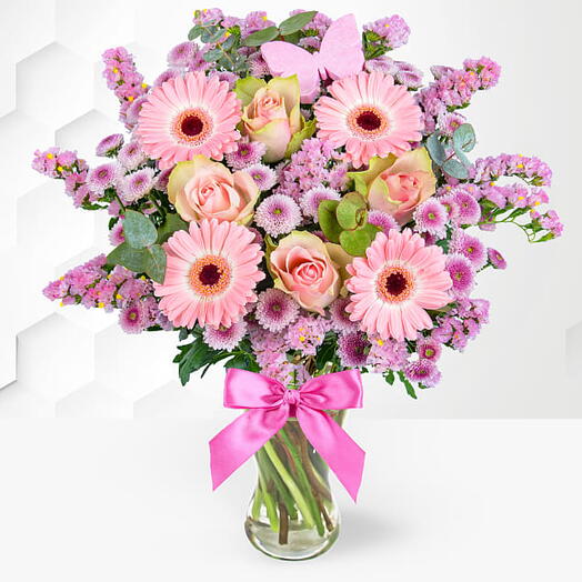 Pink Stats: 8 Light Pink Gerbera, 6 Pink Statice, 6 Pink Roses   5 Chrysanthemums