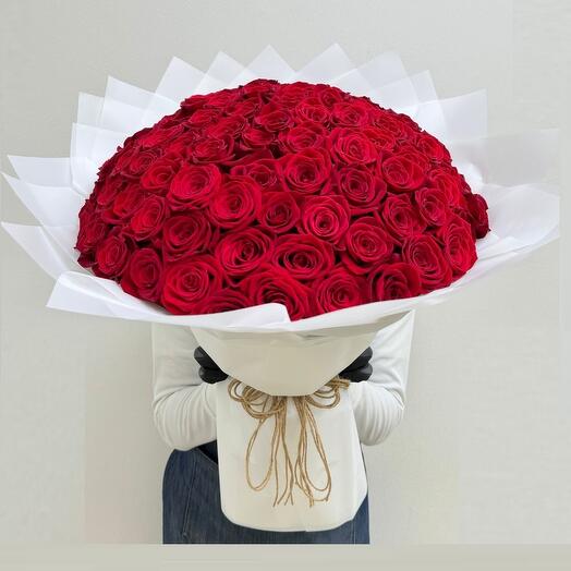 150 Red Roses in bouquet with white wrapping