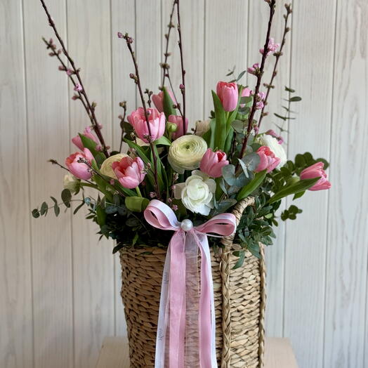 Basket - Blossoms Tulips Ranunculus