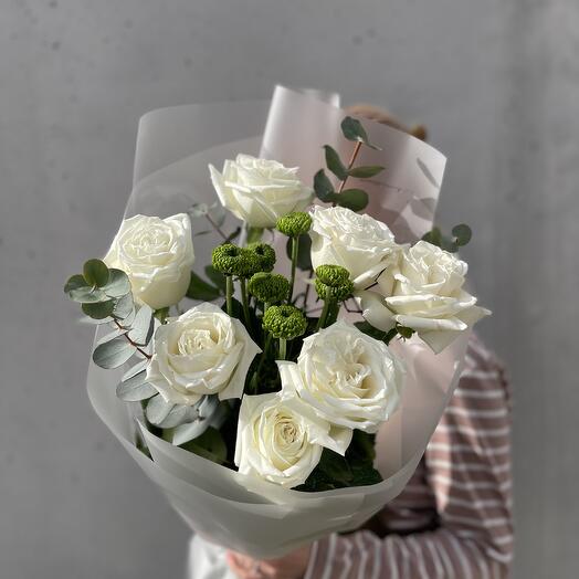 Bouquet of snow-white roses with eucalyptus