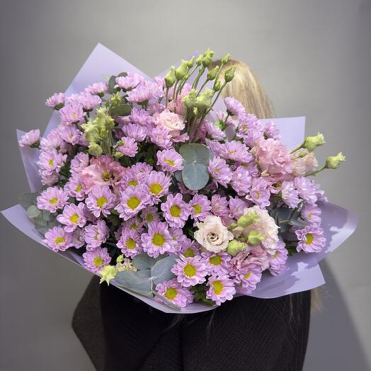 Bouquet "Joy Summer" (Santini, chrysanthemum, eustoma/lisianthus, eucalyptus)