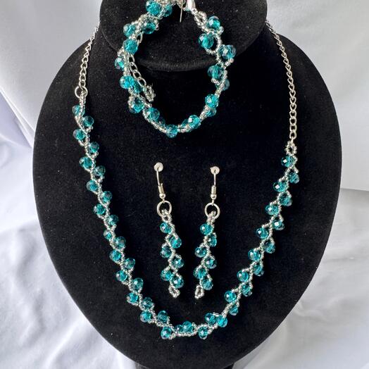 Комплект "Веточки" (колье, браслет, серьги), темно-голубой