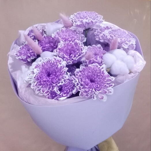 Букет из фиолетовых кустовых хризантем с хлопоком (3 шт)
