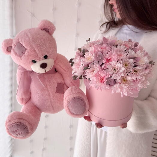 Подарочный набор: цветы в коробке+ мишка розовый For you 27 см