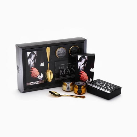 Подарочный набор Only for man: крем-мед с апельсином и хлопком 70гр, орехи в шоколадной глазури 70 г, чай чёрный, ложка