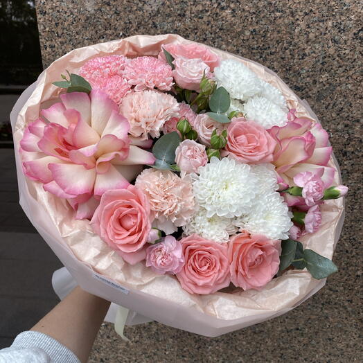 Шикарный сборный букет Bloom room🎀🌸французская Роза, хризантема, эвкалипт, диантус
