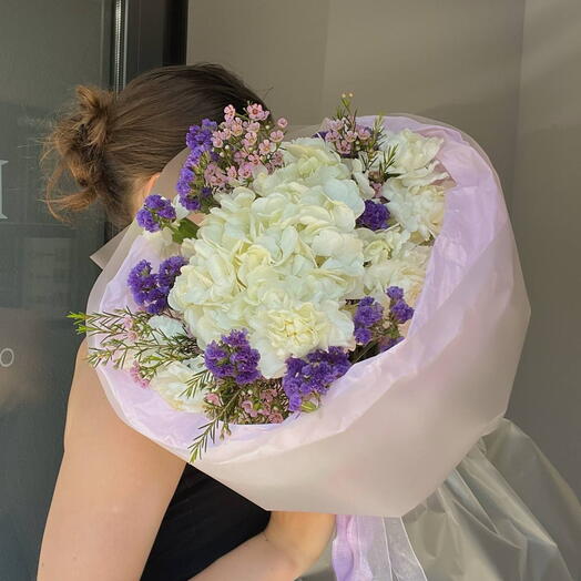 Японский сад💜 Букет из гортензии, хамелациума, статицы и диантусов