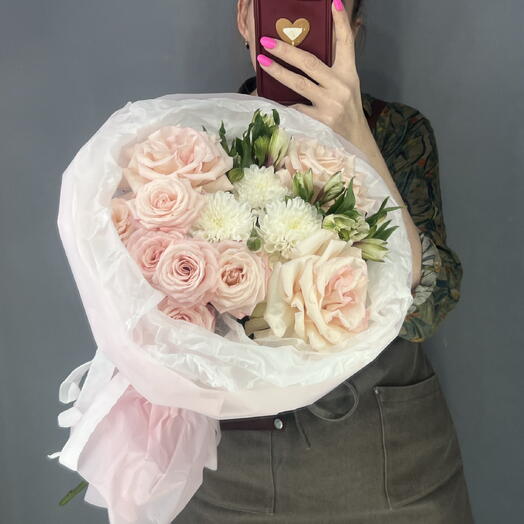 Букет кремовый 💖 нежная французская Роза 🥐🥐🥐 белая альстромерия 🌸 кустовая пионовидная Роза 🩷