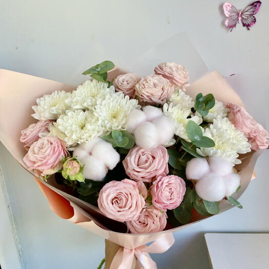 Сборный букет из хризантем,кустовая роза, хлопок, эвкалипт «Леди»  💞