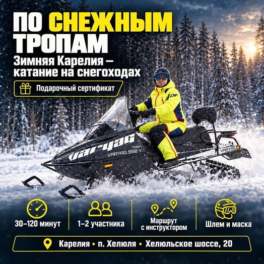 Подарочный сертификат «Зимняя Карелия - катание на снегоходах» (30 минут, От 1 до 2 чел.)