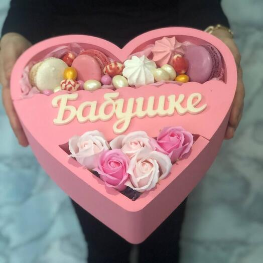 Penobox heart with sweets and soap rose for grandma