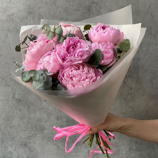 Delicate bouquet of 9 peonies Sarah Bernhardt with eucalyptus