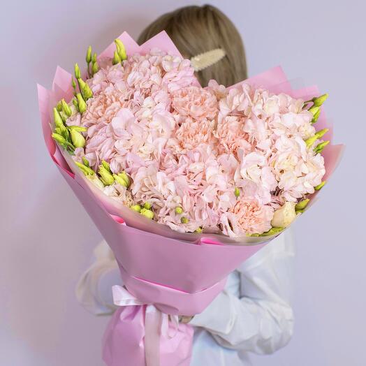 Bouquet with pink Hydrangeas, Dianthus and Eustoma