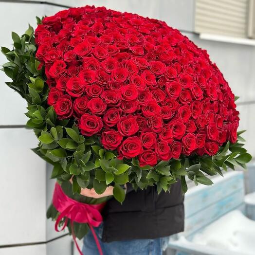 Красные розы с рускусом