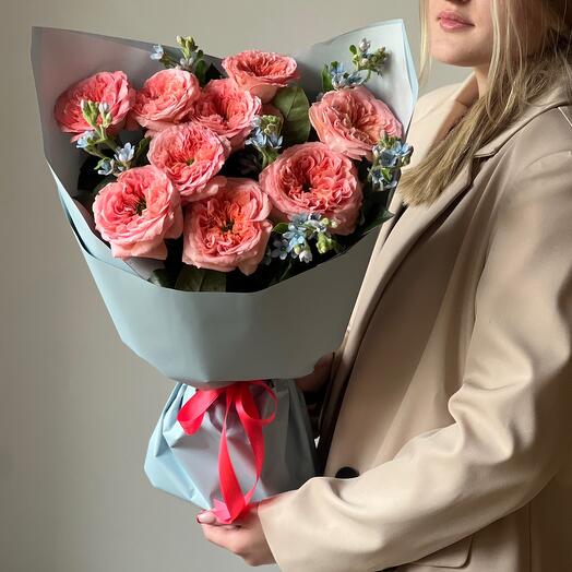 Дуобукет из Эксклюзивных пионовидных роз Мандарин и незабудок