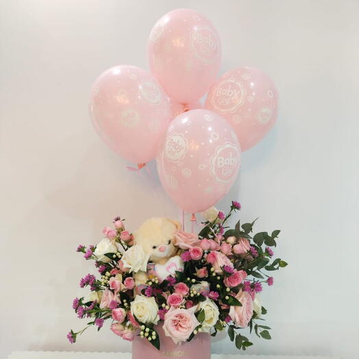 Sweet Baby Girl , Fresh Pink and white flowers Mix in a Box with balloon and stuffed toy for baby girl