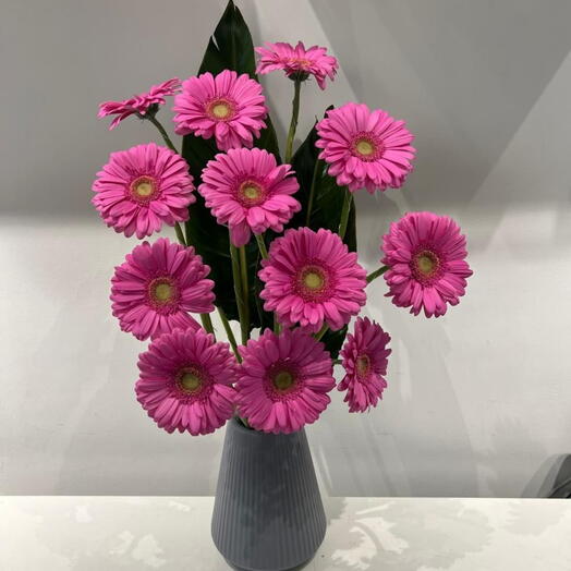 Pink Gerberas With Italian Leaves and Ceramic Vase