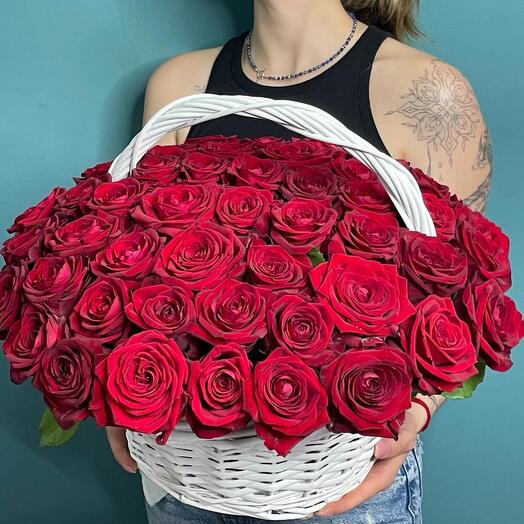 51 red Roses in a basket