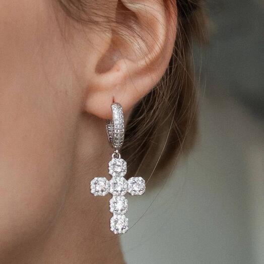Серьги  серебряные кресты с фианитами