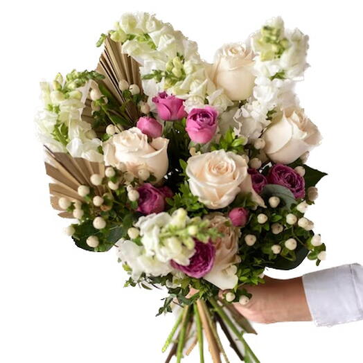 Be Mine: 6 White Roses, Hypericum, Matthiola, Pink Baby Roses   Dry Sky Leaves