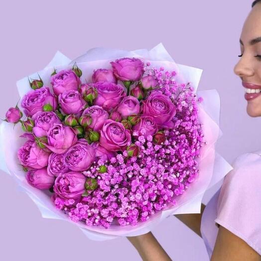 Букет пионовидные розы мисти бабл и гипсофила