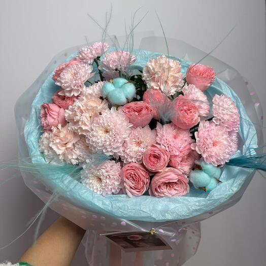 Author's bouquet of carnations, chrysanthemums, bush roses