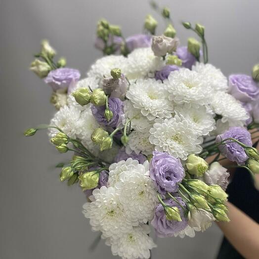 Bouquet with Ribbon of Bush Chrysanthemum and Eustoma