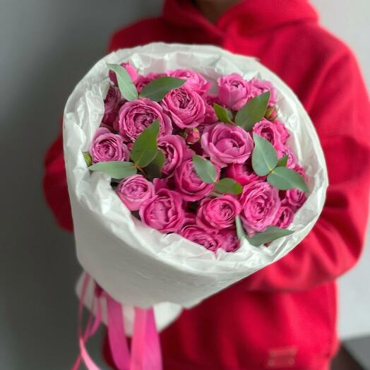 Bright bouquet of pink peony-shaped roses, roses similar to peonies, roses for February 14th, Valentine's Day