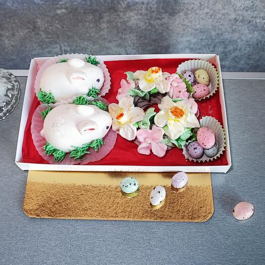 Декор из зефира разных вкусов. Кролики, венок d9см из нарциссов и цветов вишни, 7 шоколадных перепелиных яиц