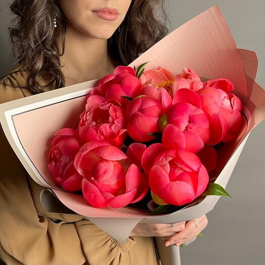 Коралловые Пионы 9 шт. Букет F099 Цветы Столицы
