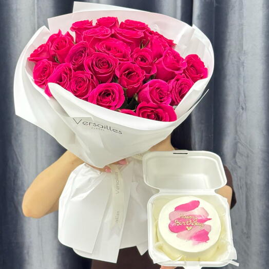 Комбо: букет роз + бенто торт дня рождения (начинка молочная девочка)