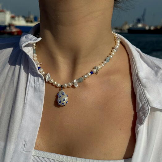 Колье с подвеской из жемчужины🧿 из розового кварца,натурального жемчуга с ракушками🐚 с подвеской