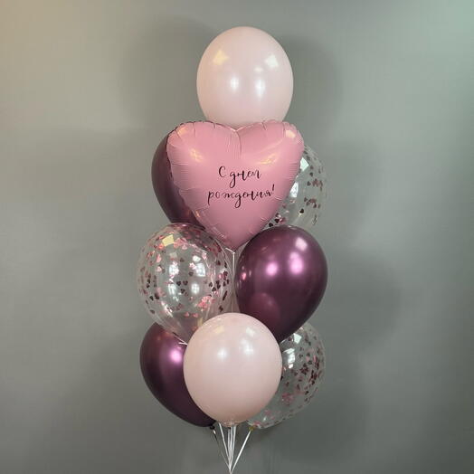 Воздушные шары на день рождения девушке , женщине . Латексные шары баргунди, розовые , сердце с индивидуальной надписью