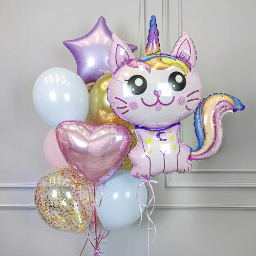 Воздушные шары девочке, дочке, девушке / Набор 11 шаров / Шарик Милая Кошечка-Единорог / N111