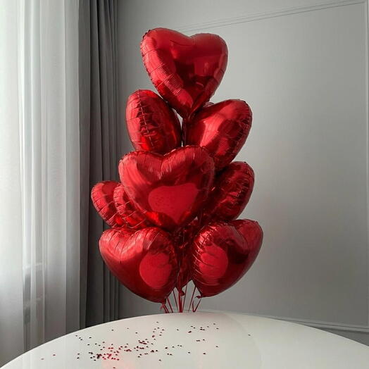 Шары красные сердца 10шт фонтан для девушки на 14 февраля и 8 марта, для мамы