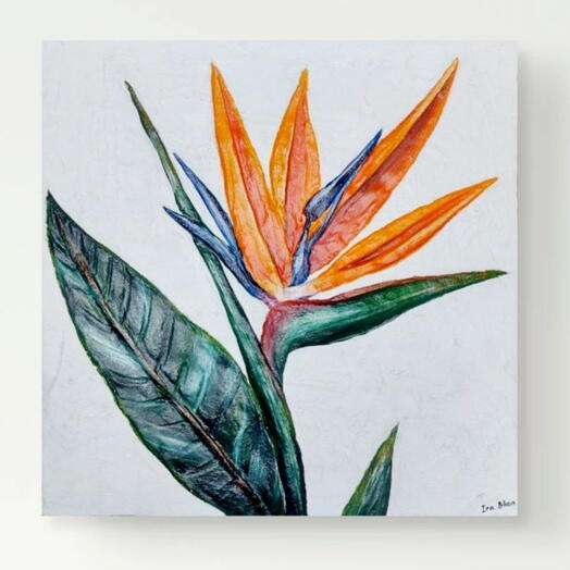 Стрелиция — фактурная картина маслом «Райская птица»/ Strelitzia Oil Painting – Textured Bird of Paradise Floral Wall Art