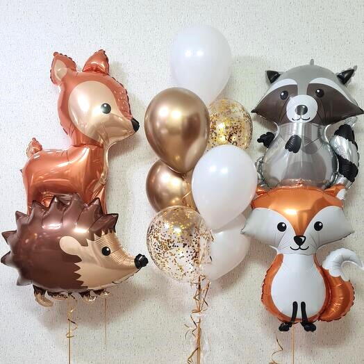 Шары на день рождения ребёнка 🎈 набор с лесными животными и фонтаном