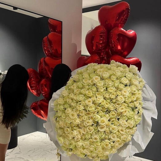 201 white roses with 10 heart shaped balloons