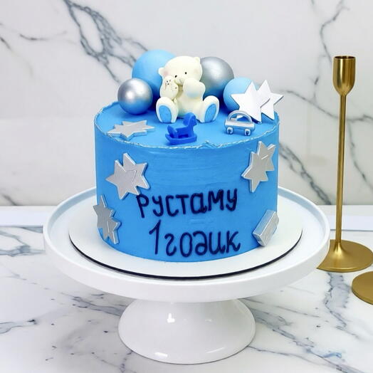 Торт детский на годик с шоколадным мишкой,шоколадными шарами