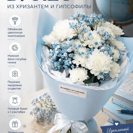 АКЦИЯ!!! Букет из белых кустовых хризантем Алтай и голубой гипсофилы