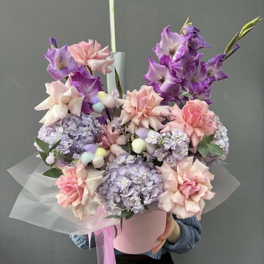 Сиреневая композиция с Розами , Хлопком и Гладиолусами 💜