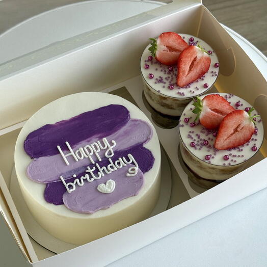 Набор бенто торт МАКСИ+трайфлы «Happy birthday» с фиолетовыми мазками