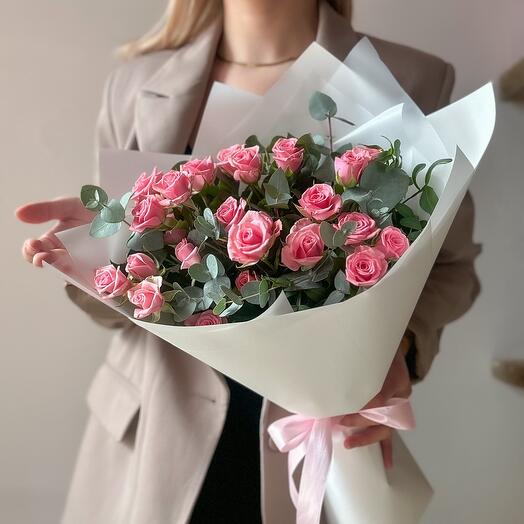 Bouquet of bush roses with eucalyptus