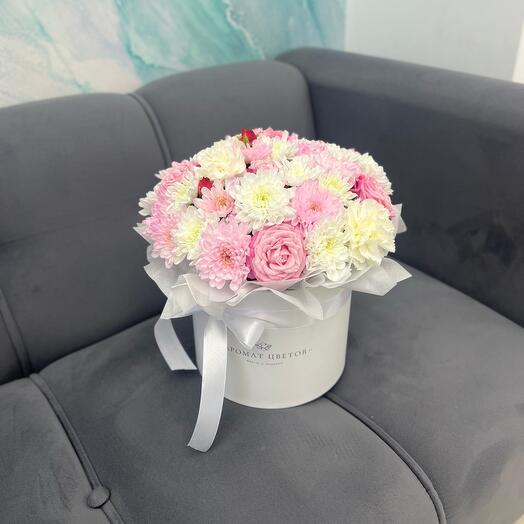 Flowers in a box (chrysanthemum and bush rose)